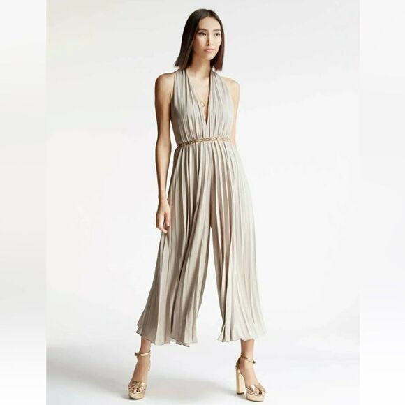 Halston Heritage Halter Pleated Wide Leg Jumpsuit Atmosphere Beige. - Picture 4 of 13